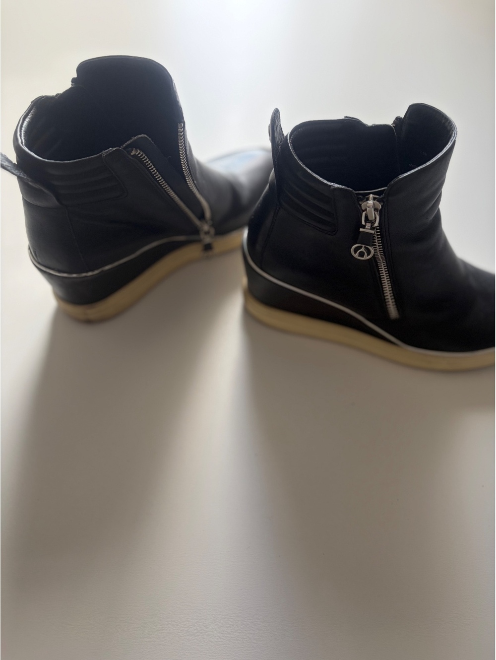 Black Leather Ankle Boots with Side Zipper and Wedge Heel, 7